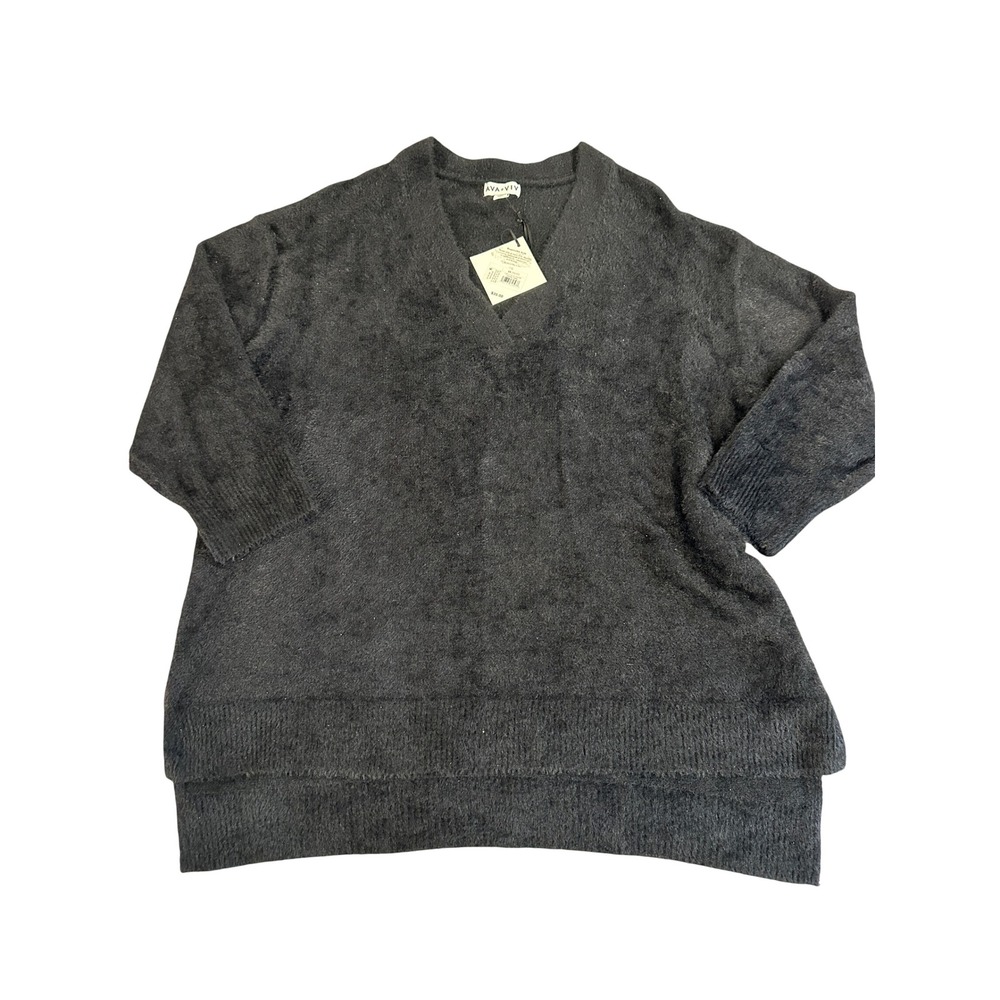Ava & Viv Womens 2X Black Fuzzy V-Neck High-Low Eyelash Knit Sweater New